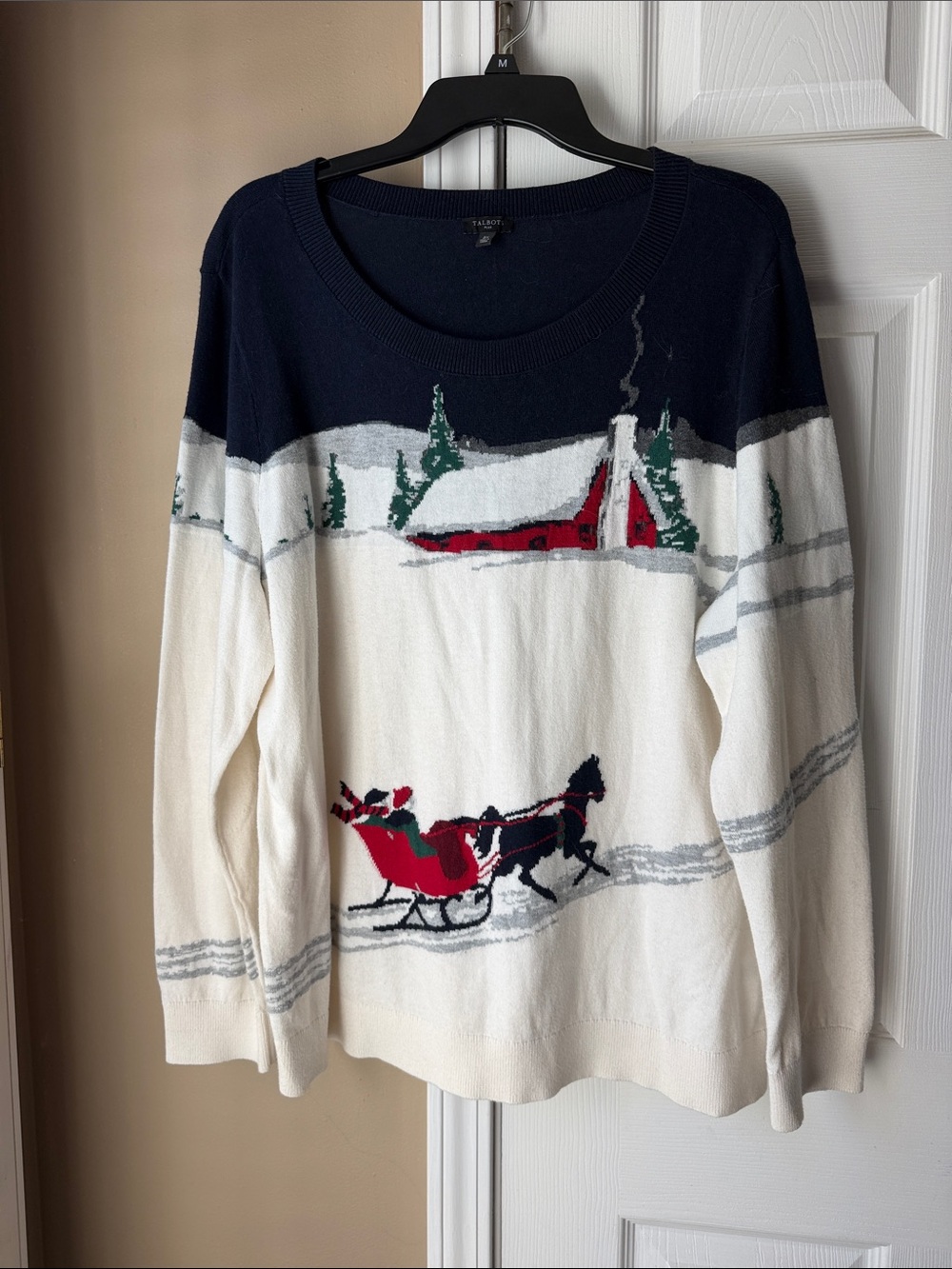 Talbots Navy, Cream & Red Holiday Crewneck Sweater with Sleigh Motif
